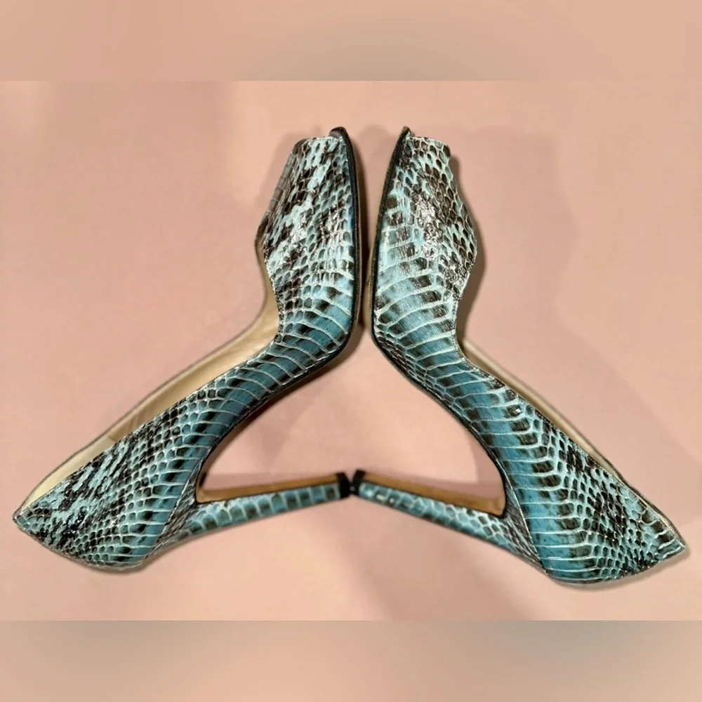 Manolo Blahnik Teal Snake-Print Open-Toe Stiletto Heels - Picture 5 of 10